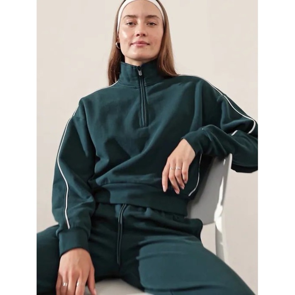 Athleta Forever Fleece 1/2 Zip High Hip Piping Sweatshirt Cypress Size Large